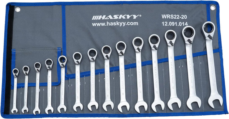 Haskyy 14tlg I 8-22mm I Ratschenschlüssel-Set I 15° Arbeitswinkel I Gabelschlüssel Ratschen-Schlüsse