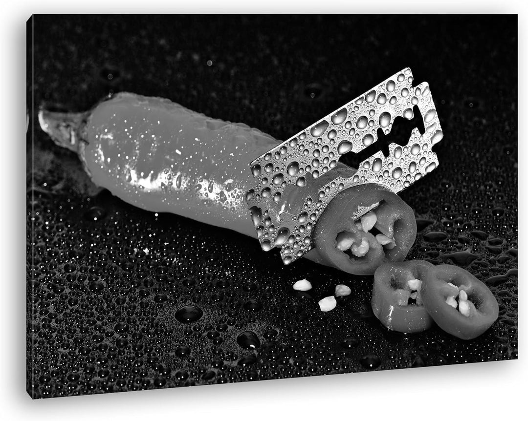 Dark extrem scharfe Peperoni Effekt: Schwarz/Weiss im Format: 100x70 als Leinwandbild, Motiv fertig
