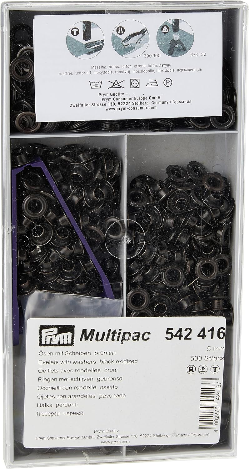 Prym 1 542416 Ösen und Scheiben MS 5,0 mm, Brass, schwarz, 5 mm Innen Ø, brüniert, 500 Stück