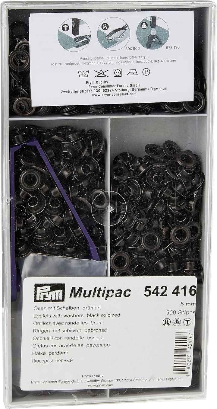 Prym 1 542416 Ösen und Scheiben MS 5,0 mm, Brass, schwarz, 5 mm Innen Ø, brüniert, 500 Stück