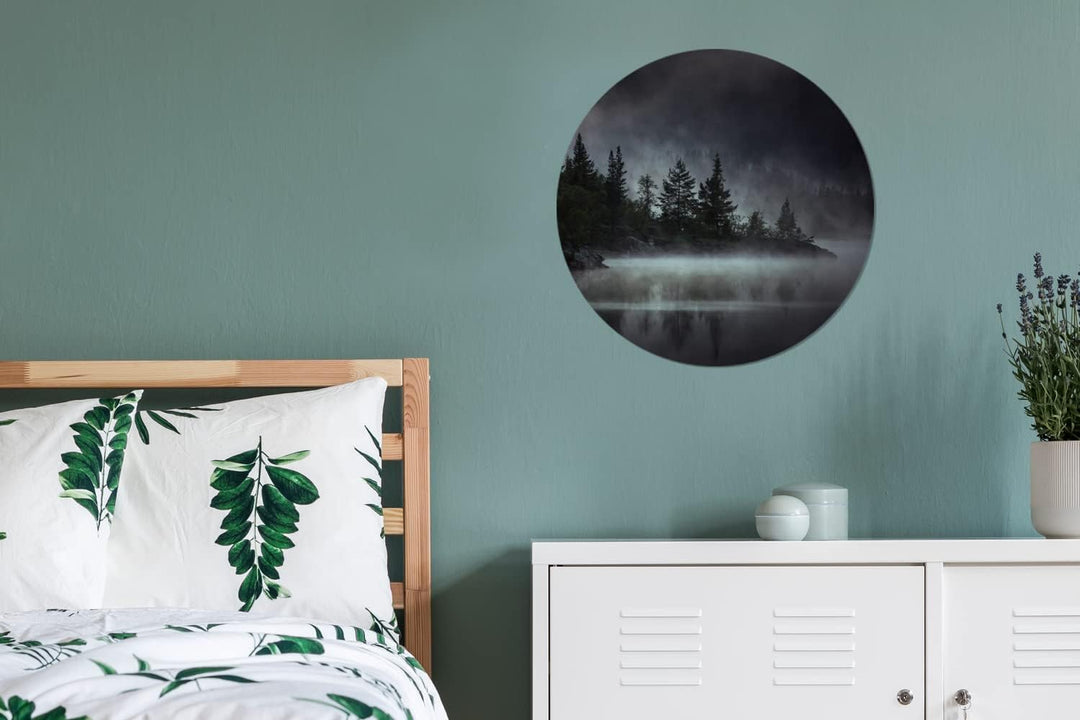 MuchoWow Wandbild Rund Wanddeko Deko Wohnzimmer Bilder 60x60 cm Wald - Nebel - Schwarz - Weiss, 60x6
