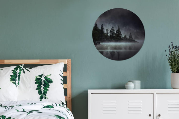 MuchoWow Wandbild Rund Wanddeko Deko Wohnzimmer Bilder 60x60 cm Wald - Nebel - Schwarz - Weiss, 60x6
