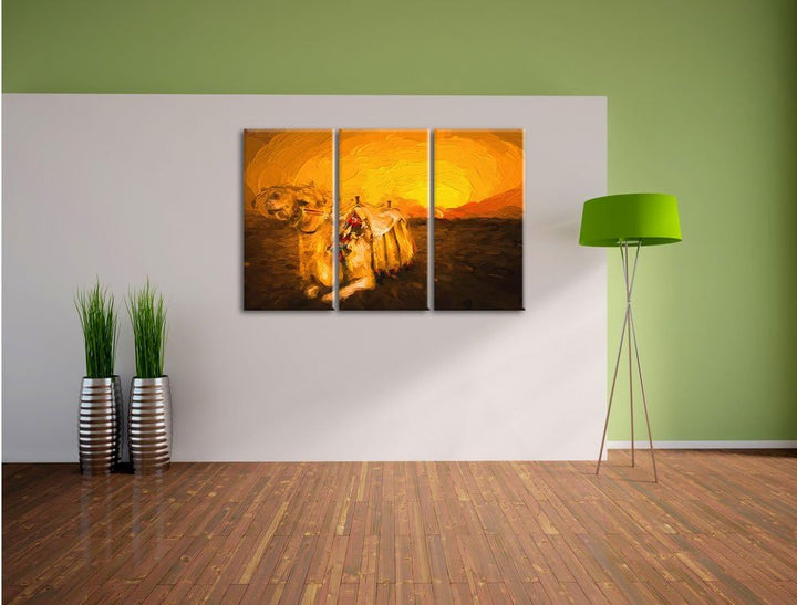 Pixxprint Kamel bei Sonnenuntergang in Ägypten Kunst Pinsel Effekt 3-Teiler Leinwandbild 120x80 Bild