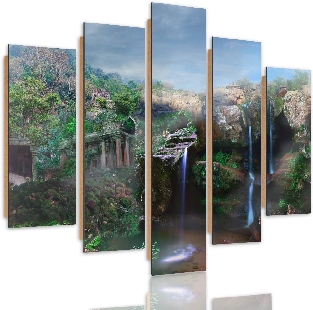 Feeby Bilder Modern Landschaft 5 Teilig Design Art Wasserfall Berge Himmel grün 100x70 cm Deco panel