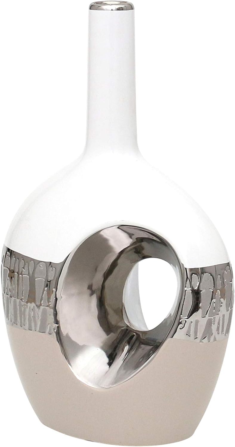 Dekohelden24 Moderne Deko Designer Keramik Vase oval mit Loch in Cappuccino/Silber/weiss. Masse L/B/