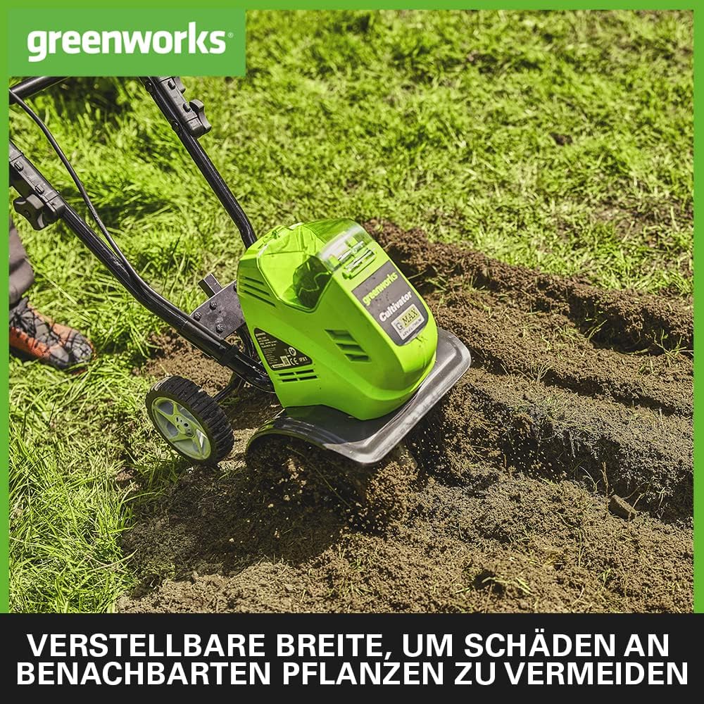 Greenworks G40TL Akku Gartenfräse, Rasenfräse mit Frontzinken, 25 cm Arbeitsbreite, 13 cm Frästiefe