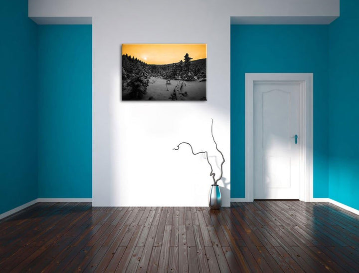 Wald im verschneiten Winter schwarz/weiss Format: 100x70 auf Leinwand, XXL riesige Bilder fertig ger