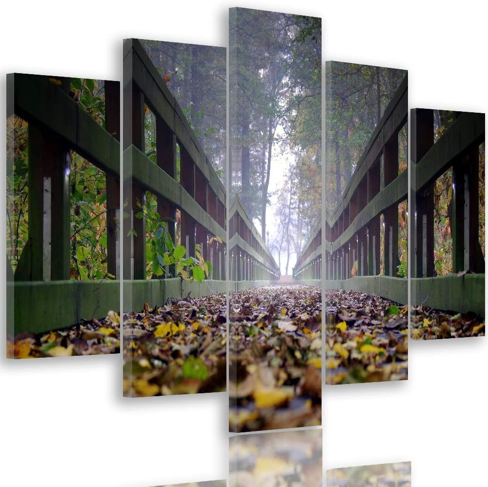 Leinwandbild Brücke 5 TLG Bild Kunstdruck Blätter Herbst Landschaft bunt 100x70 cm Leinwandbild 100x