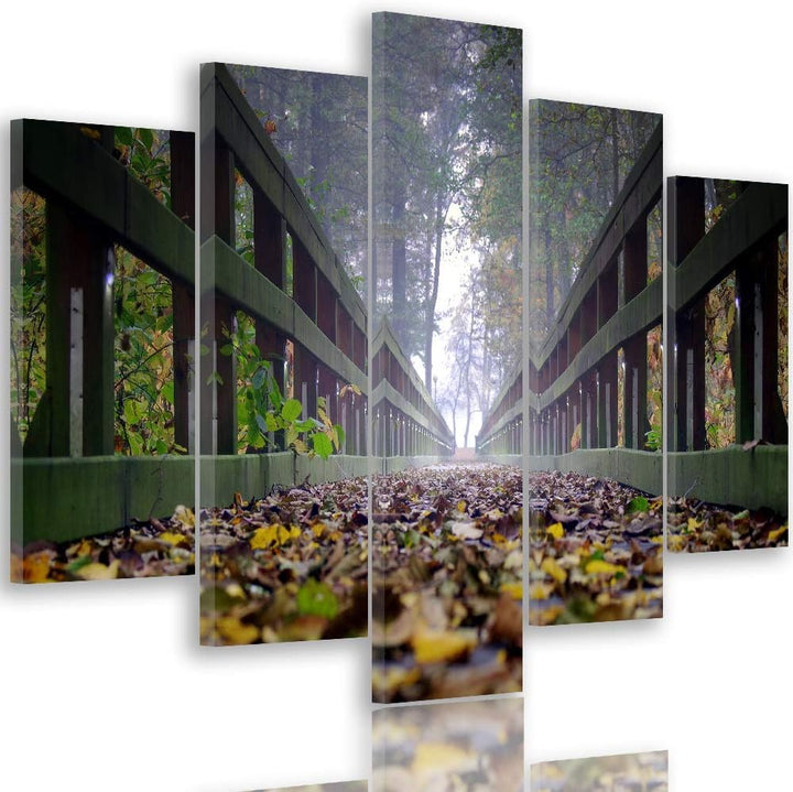 Leinwandbild Brücke 5 TLG Bild Kunstdruck Blätter Herbst Landschaft bunt 100x70 cm Leinwandbild 100x