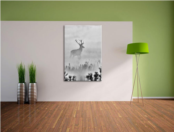 Pixxprint Monocrome, Hirsch im Nebel, Format: 100x70 auf Leinwand, 100x70