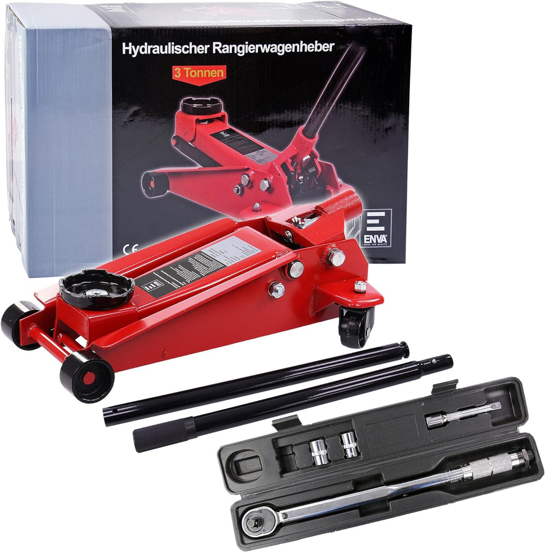 Hydraulischer Wagenheber 3t Rangierwagenheber Hubhöhe 130 – 465 mm + Drehmomentschlüssel 1/2 Zoll An