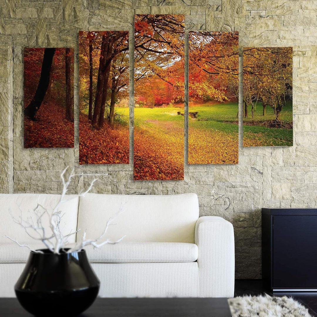 Bilder Modern Landschaft 5 Teilig Design Art Herbst Blätter Bäume orange 100x70 cm Deco panel 100x70