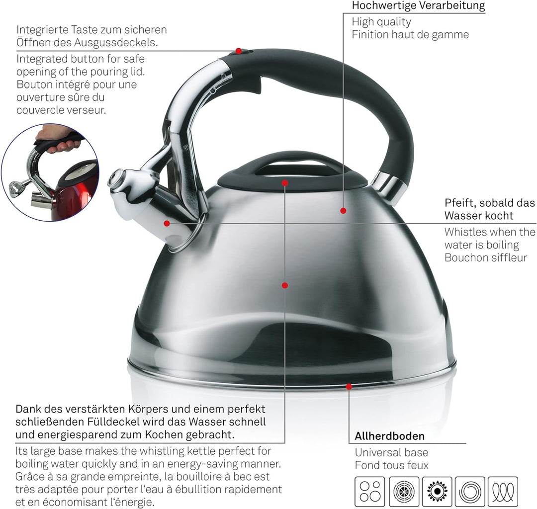 Kela 11656 Wasserkessel mit Pfeifton, Induktionsgeeignet, 3 L, Edelstahl, Varus, Schwarz Schwarz Sin