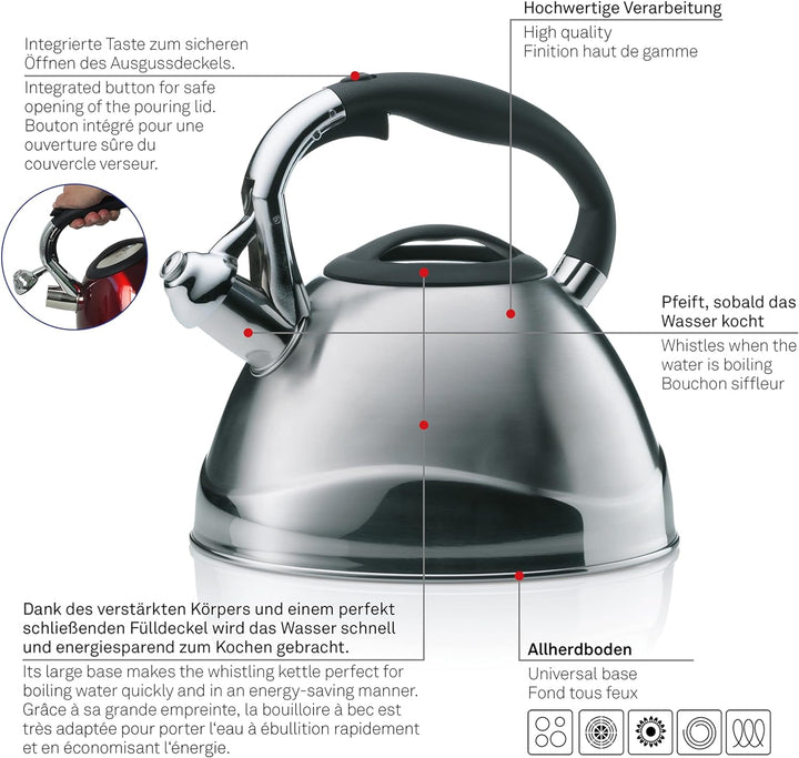 Kela 11656 Wasserkessel mit Pfeifton, Induktionsgeeignet, 3 L, Edelstahl, Varus, Schwarz Schwarz Sin