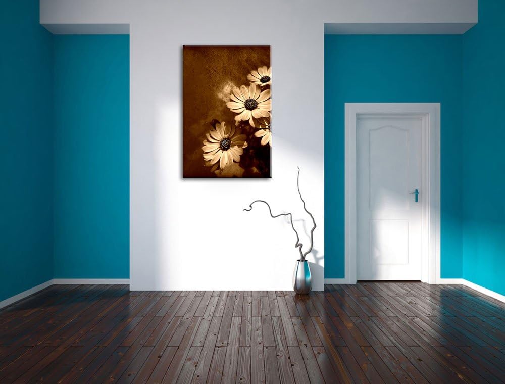 Pixxprint kleine Margareten an Hauswand auf Leinwand, XXL riesige Bilder fertig gerahmt mit Keilrahm