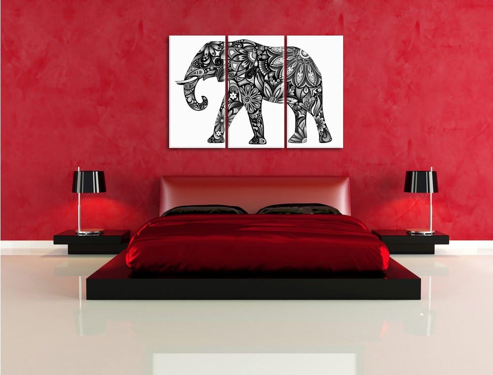 Pixxprint Elefant mit Ornamenten als Leinwandbild | Grösse: 3 Teilig (120x80) | Wandbild| Kunstdruck