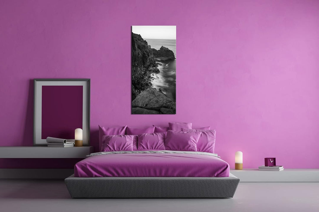 felsiger Abgrund ins Meer Panorama 100x50 cm Effekt: Schwarz/Weiss als Leinwandbild, Motiv fertig ge