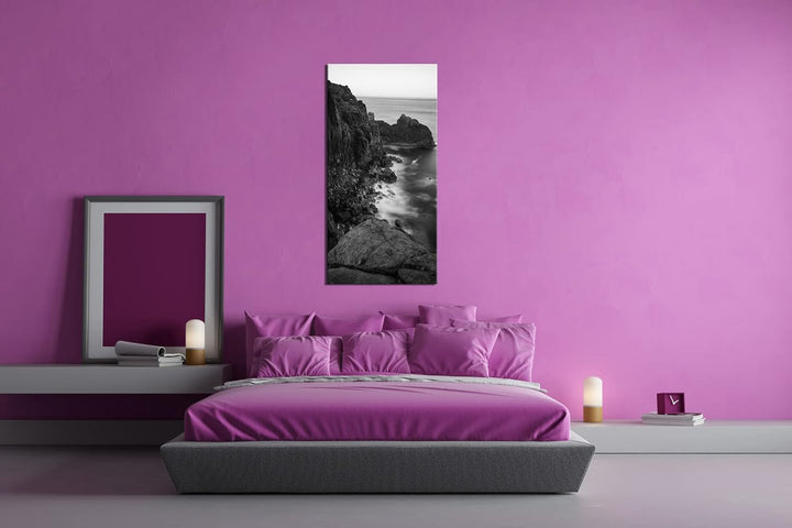 felsiger Abgrund ins Meer Panorama 100x50 cm Effekt: Schwarz/Weiss als Leinwandbild, Motiv fertig ge