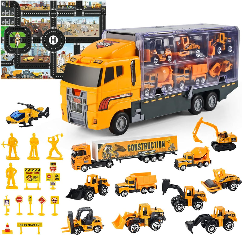 Hapavis Baufahrzeuge Spielzeug für Jungen 26 in 1 Die-Cast Engineering Truck Set mit Spielmatte für