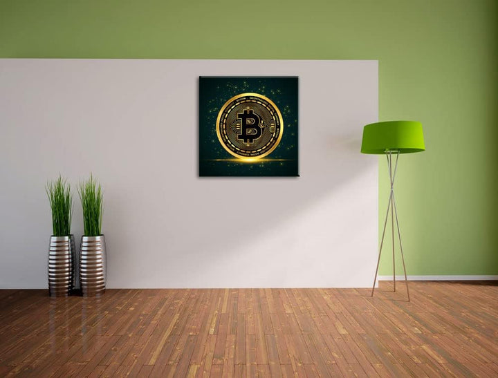Pixxprint funkelnder Bitcoin BTC als Leinwandbild Quadratisch| Grösse: 60x60 cm | Wandbild | Kunstdr