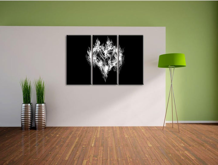 Pixxprint Monocrome, Dark Herz aus Feuer und Wasser 3-Teiler Leinwandbild 120x80 Bild auf Leinwand