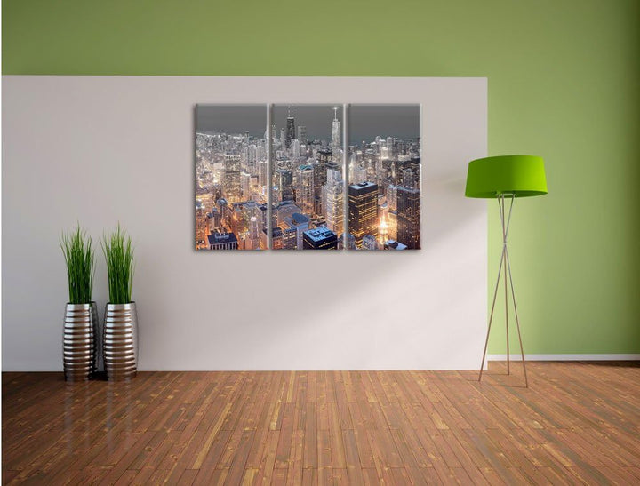 Pixxprint Luftaufnahme Chicago / 3-Teilig/Gesamtmass 120cm Leinwandbild bespannt auf Holzrahmen/Wand