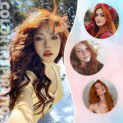 FAELBATY Perücke mit langen Locken Orange Pony Perücke Ombre braun bis orange Perücke für Frauen Per