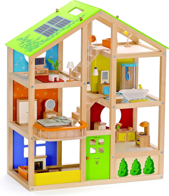 Hape E3401 - Vier-Jahreszeiten Haus (möbliert), Puppenhaus mit Zubehör, aus Holz & E3459 - Babyzimme