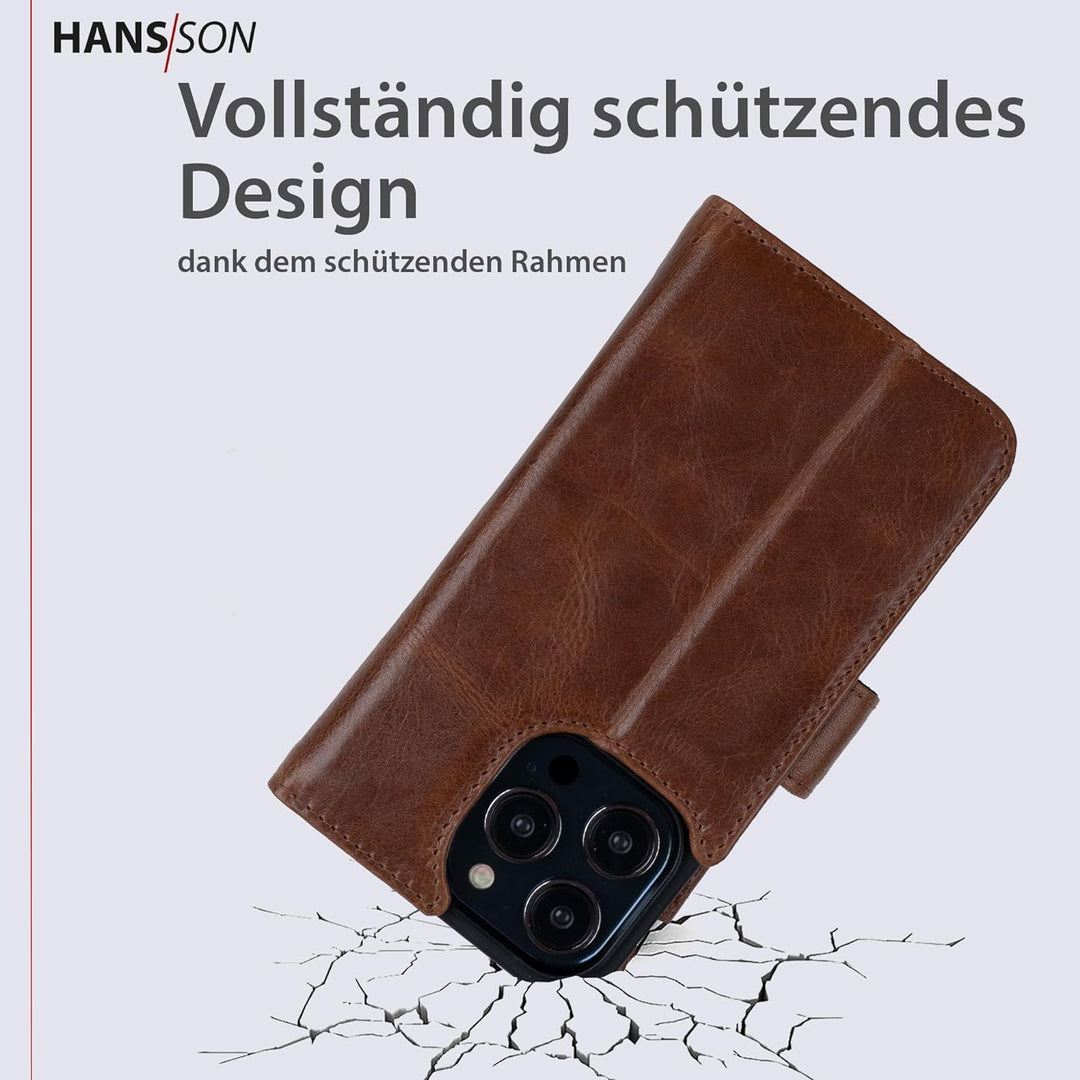 HANS/SON Klappbare Echtlederhülle in Cognac | iPhone 14 Pro Max Ledercase mit Kartenfächern | Lederh