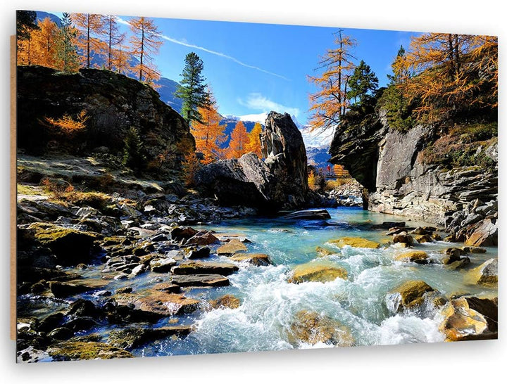 Wandbild Fluss Modern Deko Kunst Bilder Herbst Blau 90x60 cm