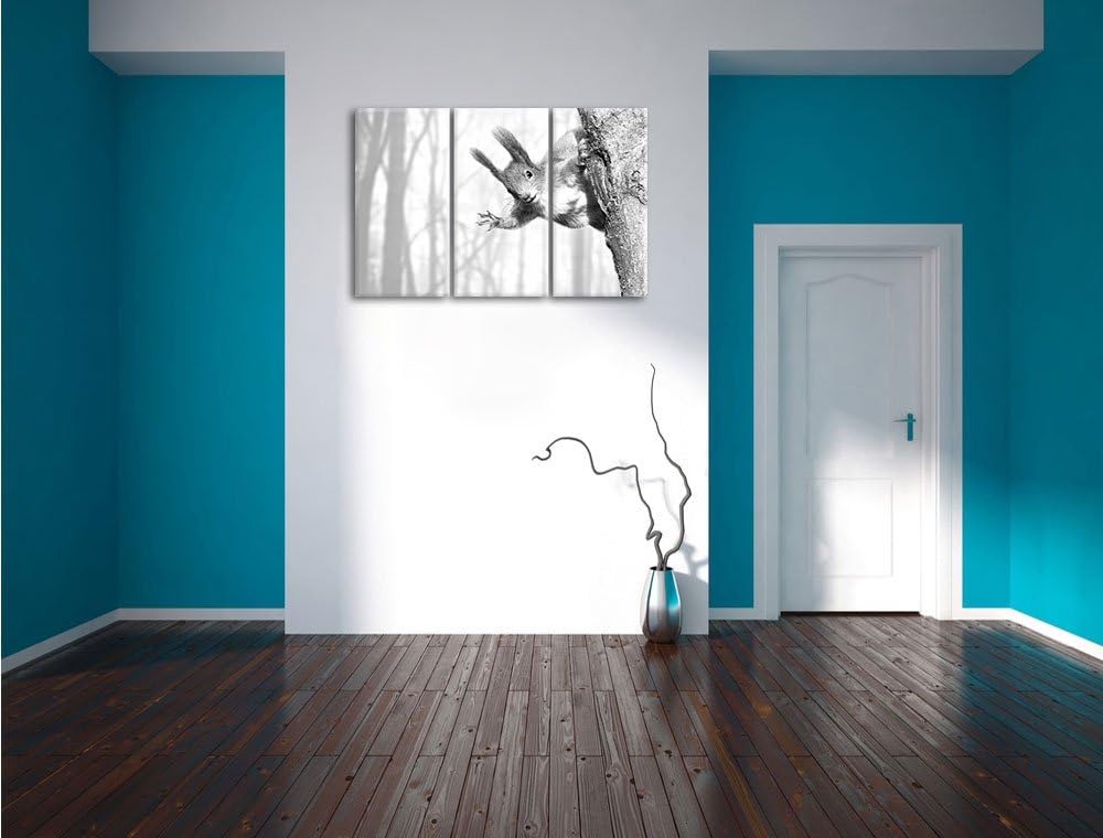 Pixxprint Neugierig rotes Eichhörnchen Kunst B&W 3-Teiler Leinwandbild 120x80 Bild auf Leinwand