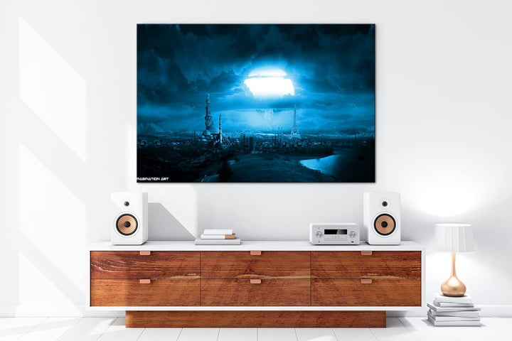 deyoli Atomexplosion hinterm Eiffelturm Format 80x60 Effekt: Monocrome Blau als Leinwandbild, Motiv