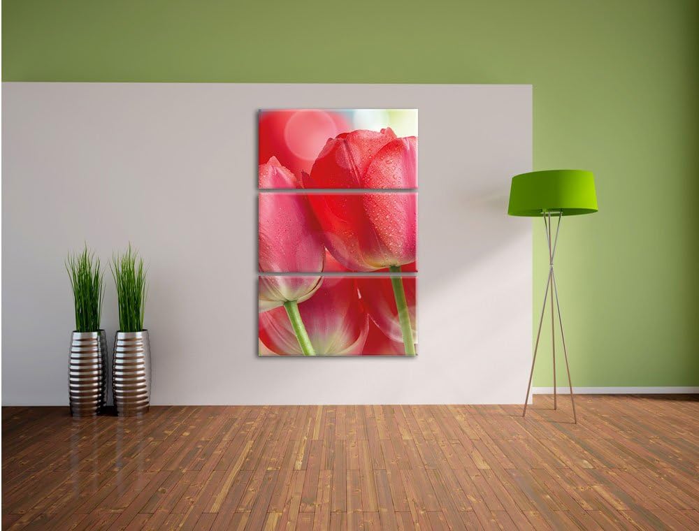 Pixxprint Rote Tulpen als Leinwandbild - Grösse: 3-Teilig (120x80cm) - Wandbild - Kunstdruck - ferti