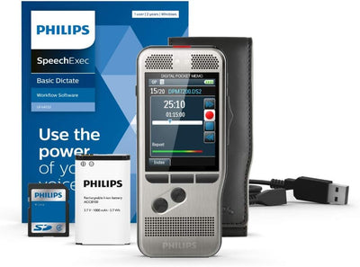 Philips DPM7200 Digitales Diktiergerät, Bedienung per Schiebeschalter, 2 Mikrofone für ausgez. Stere