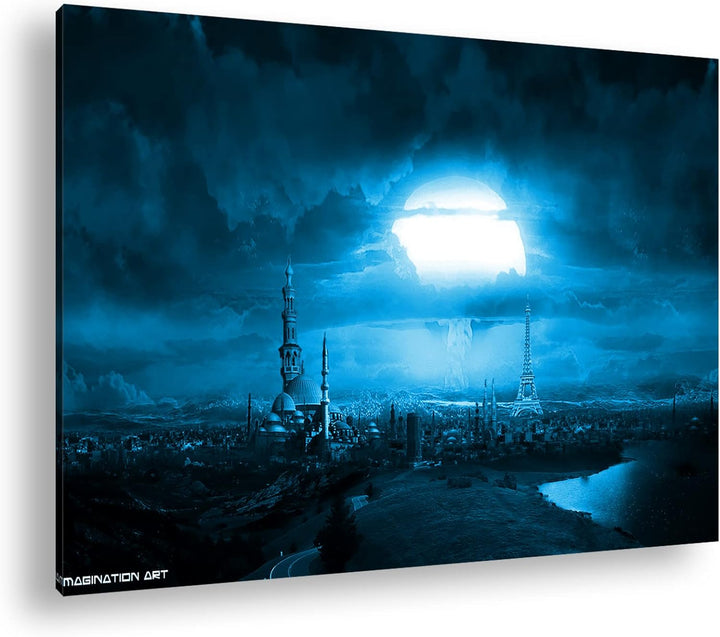 deyoli Atomexplosion hinterm Eiffelturm Format 80x60 Effekt: Monocrome Blau als Leinwandbild, Motiv