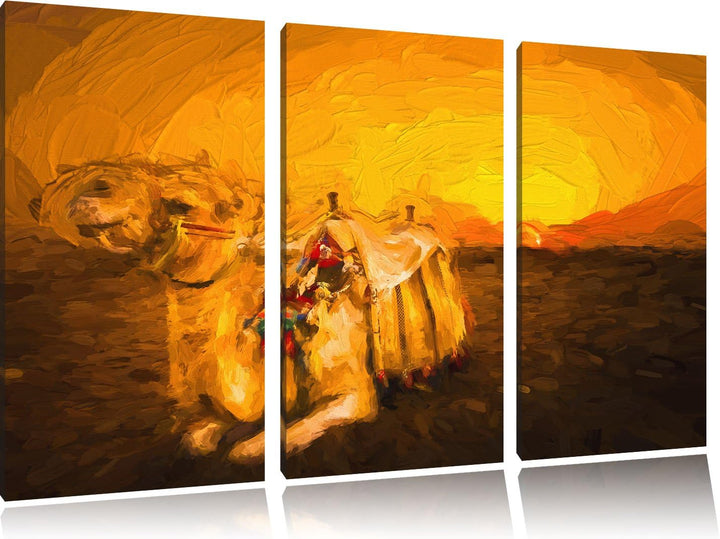 Pixxprint Kamel bei Sonnenuntergang in Ägypten Kunst Pinsel Effekt 3-Teiler Leinwandbild 120x80 Bild