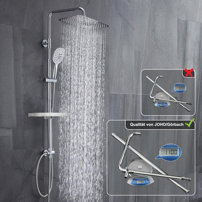 JOHO Regendusche Duschsystem ohne Duscharmatur Chrom Duschset mit Ablage, Duschkopf, Duschstange, Du