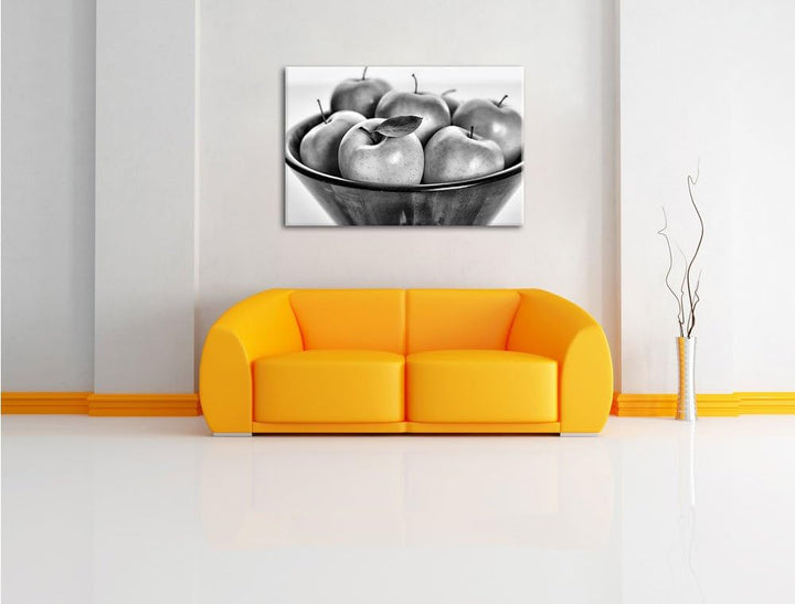 Pixxprint Monocrome, Apple Apfel Korb mit grünen Äpfeln, Format: 100x70 auf Leinwand, 100x70