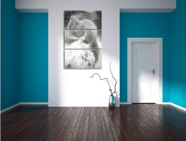 Pixxprint Kleines Eichhörnchen im Winter als Leinwandbild/Grösse: 3 Teilig (120x80) cm/Wandbild/Kuns