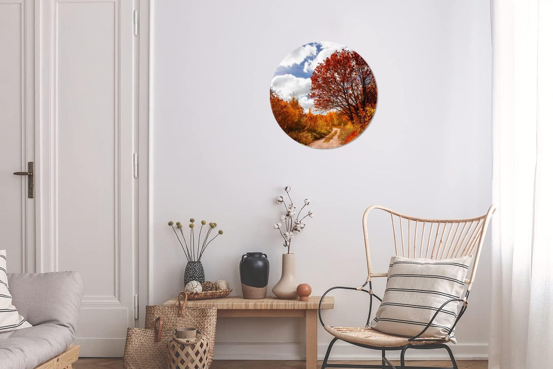 MuchoWow Wandbild Rund Wanddeko Deko Wohnzimmer Bilder 30x30 cm Baum - Weg - Herbst, 30x30 cm