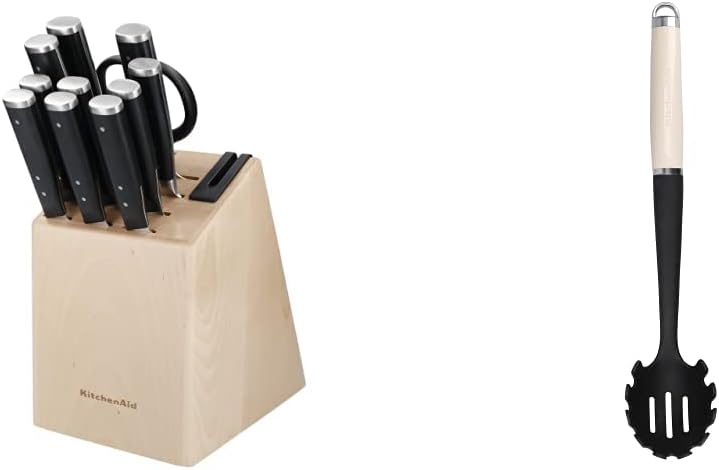 KitchenAid Gourmet 11-Piece Japanese Steel Knife Set with Sharpener and Birchwood Block & Pasta-Serv