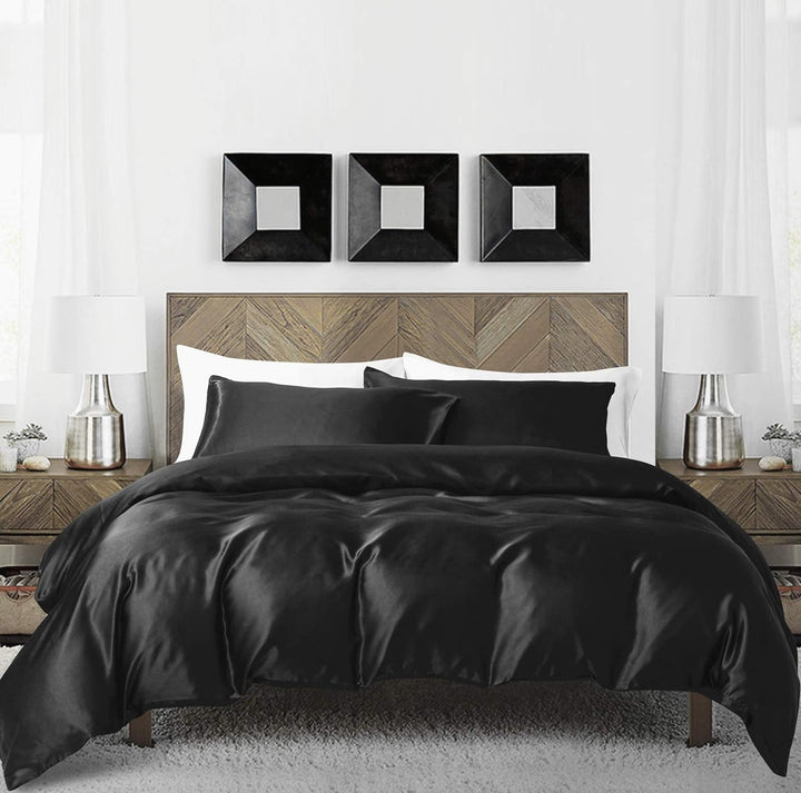 Damier Bettwäsche 200x200cm Schwarz Satin Bettwäsche Set 3 Teilig Einfarbig Hochwertiges Satin Decke