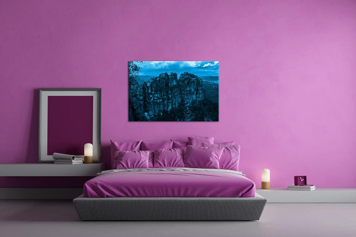 Sandsteinformationen in der Schweiz Format: 80x60 Effekt: Monocrome Blau als Leinwand, Motiv fertig