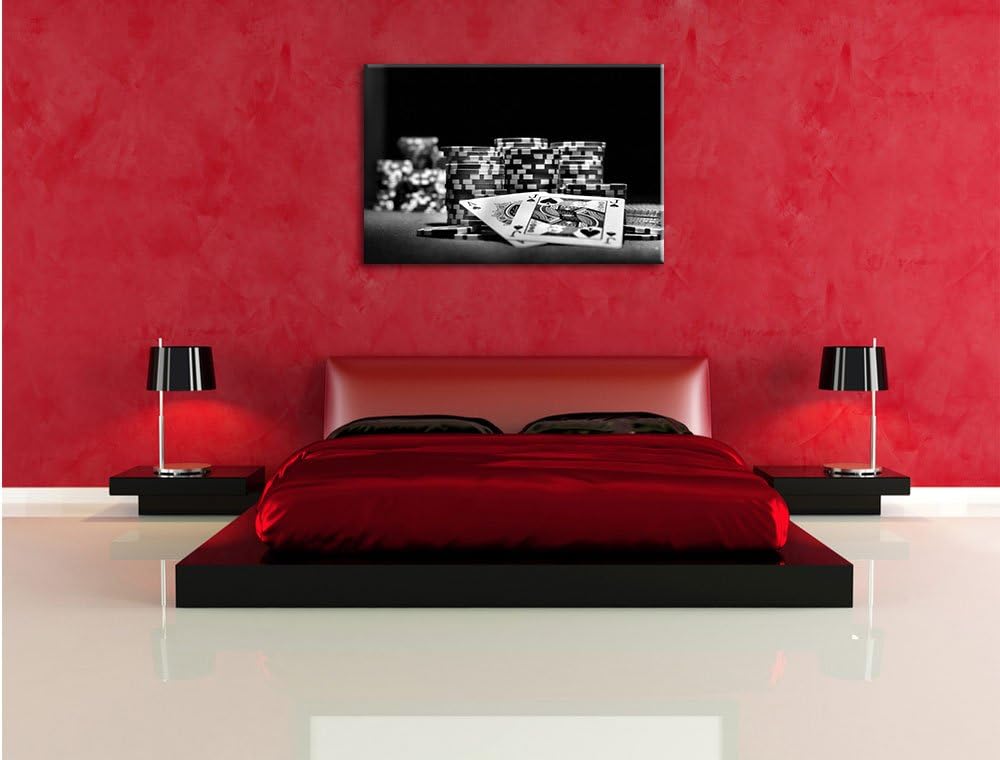 Pixxprint Monocrome, Pokertisch mit Karten in Las Vegas, Format: 100x70 auf Leinwand, 100x70
