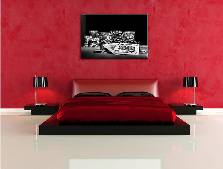 Pixxprint Monocrome, Pokertisch mit Karten in Las Vegas, Format: 100x70 auf Leinwand, 100x70