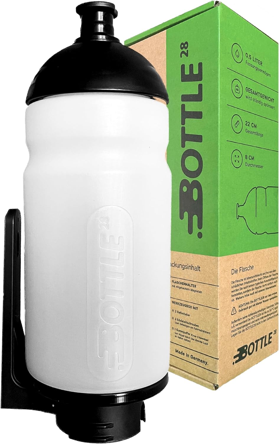 Bottle28 | 500 ml Fahrrad-Trinkflasche mit magnetischem Flaschenhalter & integrierter Werkzeugaufbew