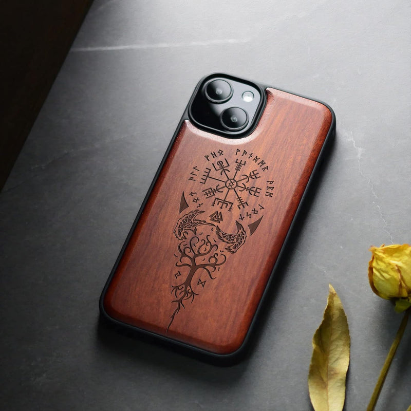 Carveit Holz Cover für iPhone 15 hülle, Kompatibel mit Magsafe Silikon Stossfeste Cover, Magnetisch