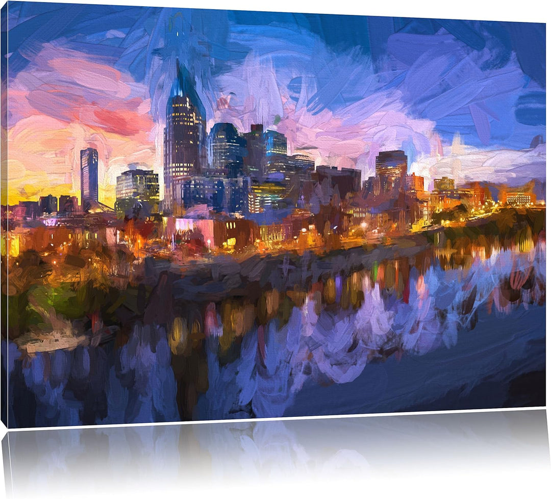 Pixxprint Nashville Skyline Panorama Kunst Pinsel Effekt, Format: 100x70 auf Leinwand, 100x70
