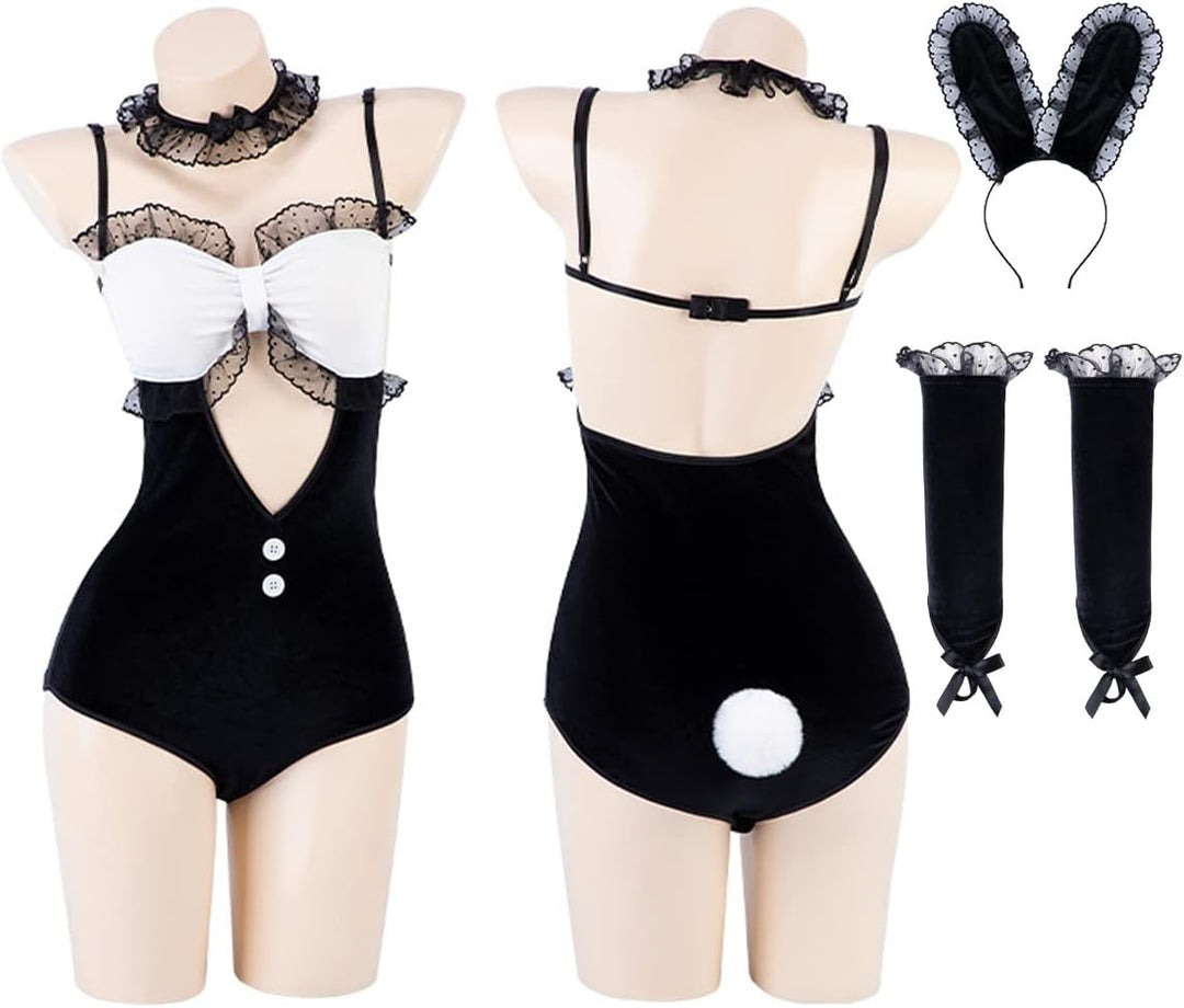 SNOMYRS Damen Bunny Kostüm Sexy Häschen Mädchen Senpai Cosplay Kostüm Kaninchen Einteiler Body Schwa