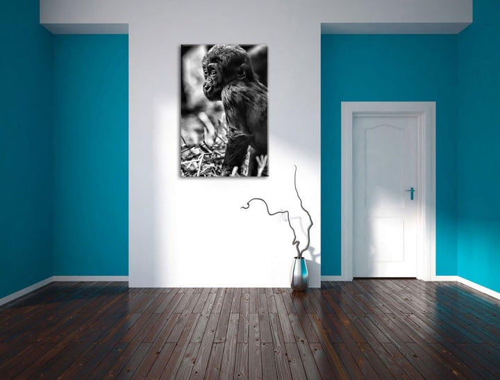 Pixxprint kleines Gorillajunges / 100x70cm Leinwandbild bespannt auf Holzrahmen/Wandbild Kunstdruck